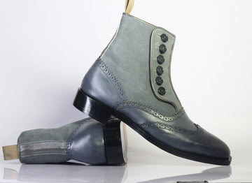 Mens Handmade Gray Leather Suede Ankle High Boots, Men Button Wingtip Brogue Boots