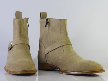 Man’s Handmade Suede Color Beige Jodhpurs Formal Boots, Men Monk Strap Designer Boots