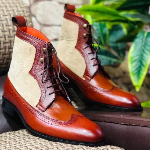 Mens Handmade Elegant Beige Brown Leather Suede Boots, Mens Ankle High Wingtip Brogue Leather Boots