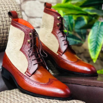 Mens Handmade Elegant Beige Brown Leather Suede Boots, Mens Ankle High Wingtip Brogue Leather Boots