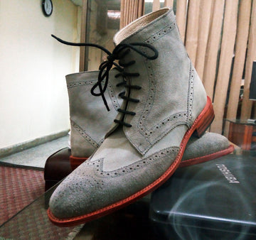 Mens Handmade Gray Color Suede Brogue Boots, Mens Designer Boots