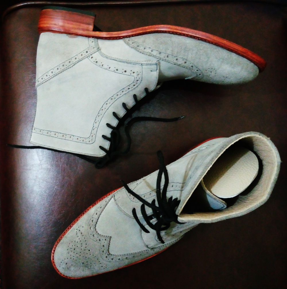 Mens Handmade Gray Color Suede Brogue Boots, Mens Designer Boots