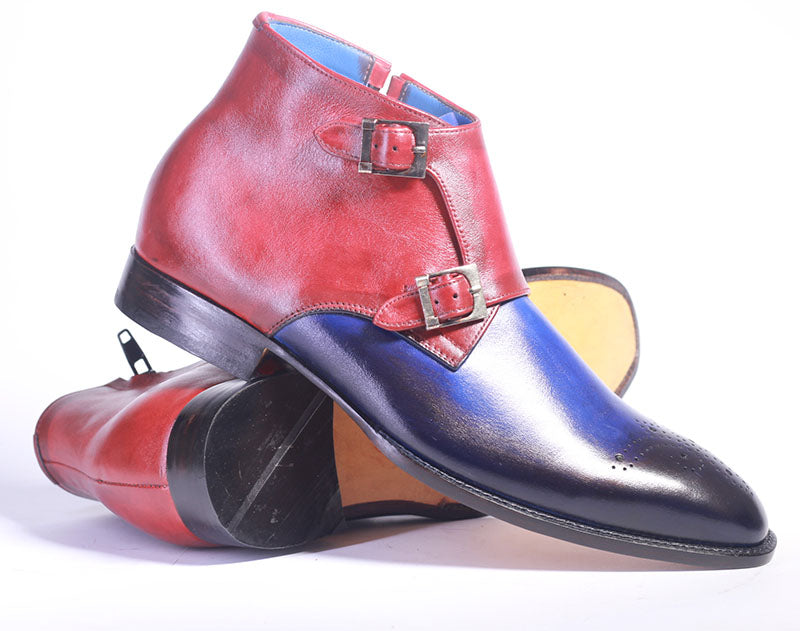 Mens Handmade Multi Color Brogue Leather Half Ankle Boots, Men’s Double Monk Zipper Style Boots
