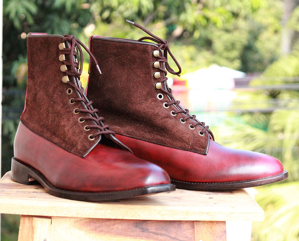 Mens Handmade Leather Suede Burgundy Brown Two Tone Ankle High Boots, Men Designer Boots