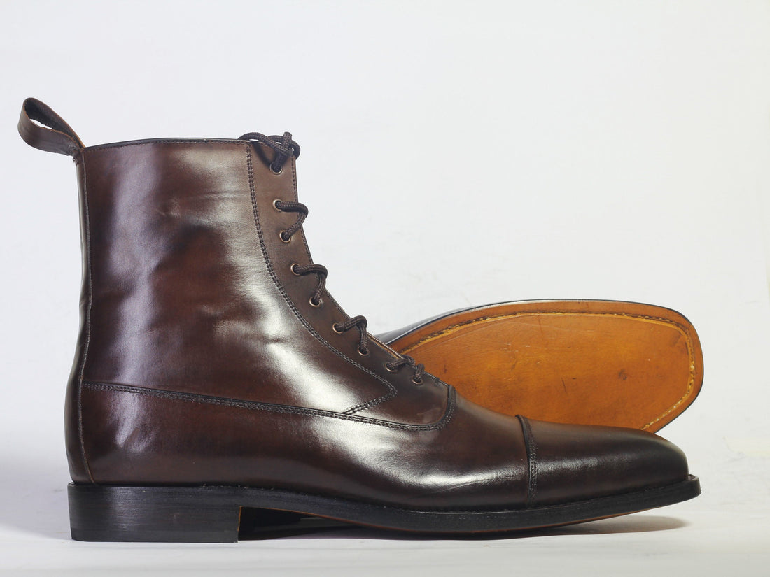 Mens Beautiful Handmade Dark Brown Cap Toe Leather Boots, Men’s Lace Up Ankle High Boots