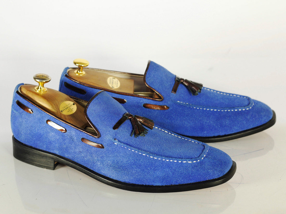 Handmade Stylish Blue Color Suede Tassel Loafer Shoes For Mens, Men Casual Shoes