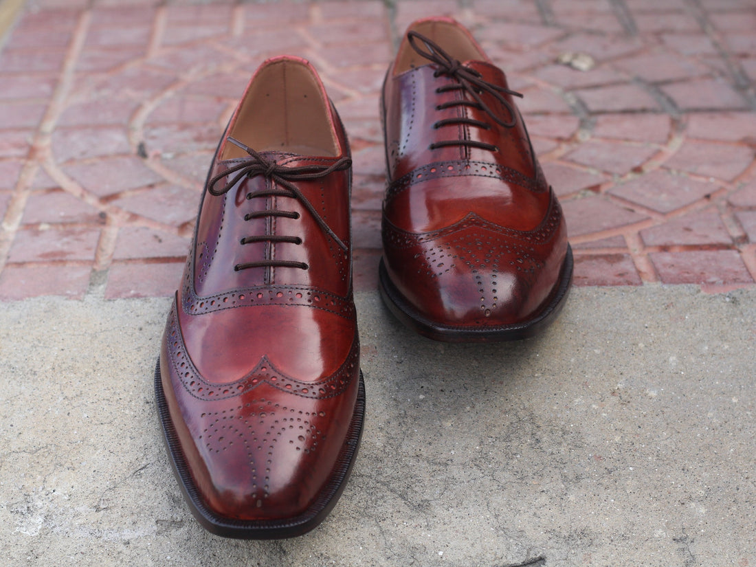 Luxury Handmade Men's Burgundy Color Leather Wingtip Brogue Shoes, Mens Formal Lace Up Shoes