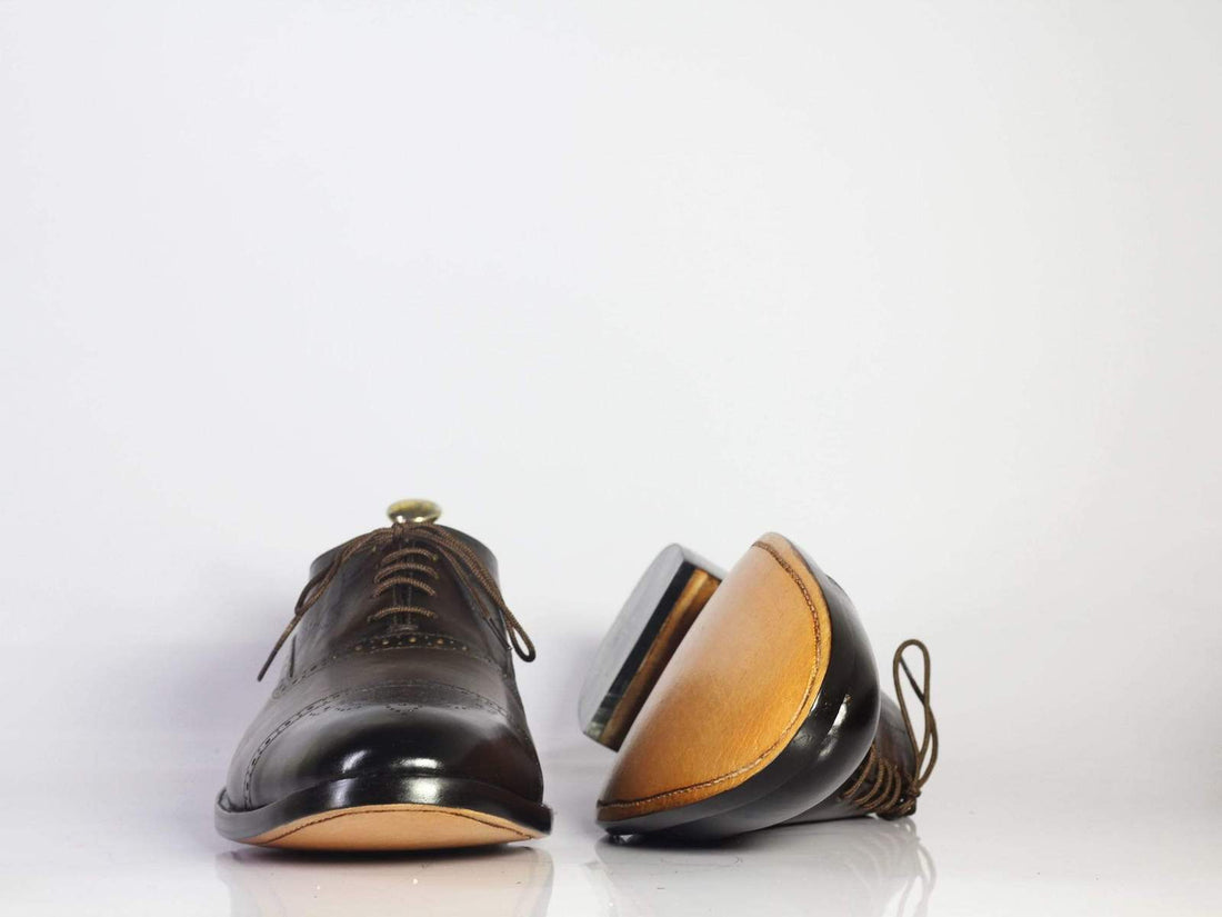 Handmade Men’s Brown Black Two Tone Cap Toe Brogue Leather Shoes, Mens Lace Up Stylish Shoes