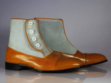 Stylish New Designer Men's Handmade Tan &amp; Gray Cap Toe Ankle High Boots, Men Leather &amp; Suede Button Boots
