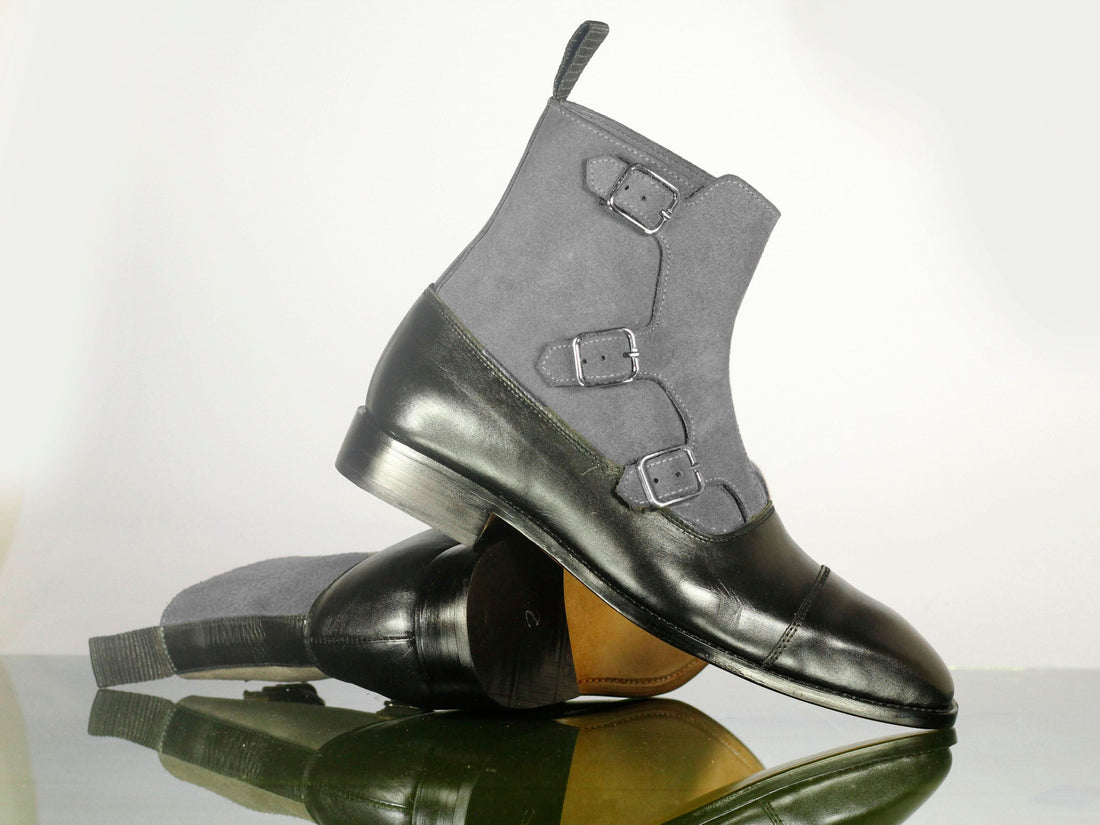 New Stylish Handmade Men's Black Gray Cap Toe Leather Suede Ankle Boots, Men Designer Triple Monk Strap Boots