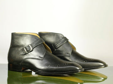 Stylish New Handmade Men's Black Leather Chukka Boots, Men Ankle Monk Strap Designer Boots