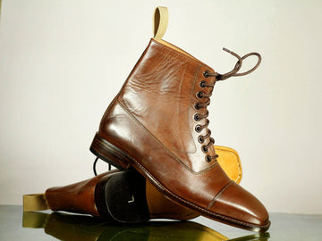 Stylish Handmade Men's Brown Cap Toe Leather Ankle Boots, Men Designer Lace Up Boots