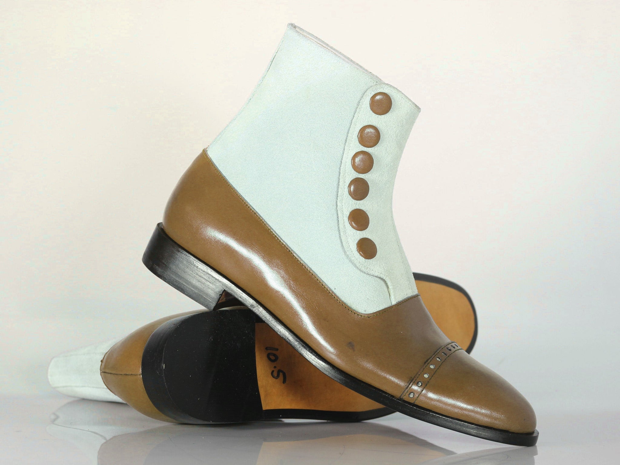 New Handmade Men's White Brown Cap Toe Leather Suede Buttons Ankle Boots, Men Designer Fashion Boots
