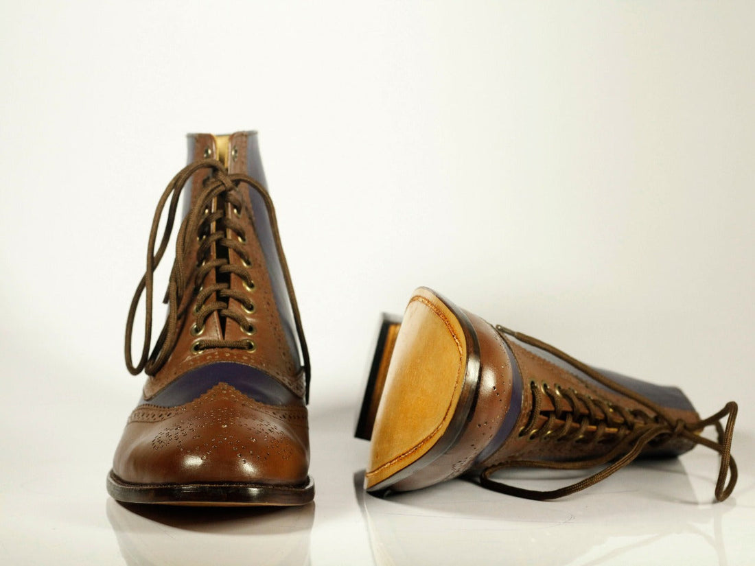 Stylish Men's Handmade Brown Purple Wing Tip Brogue Lace Up Ankle Boots, Men Designer Boots