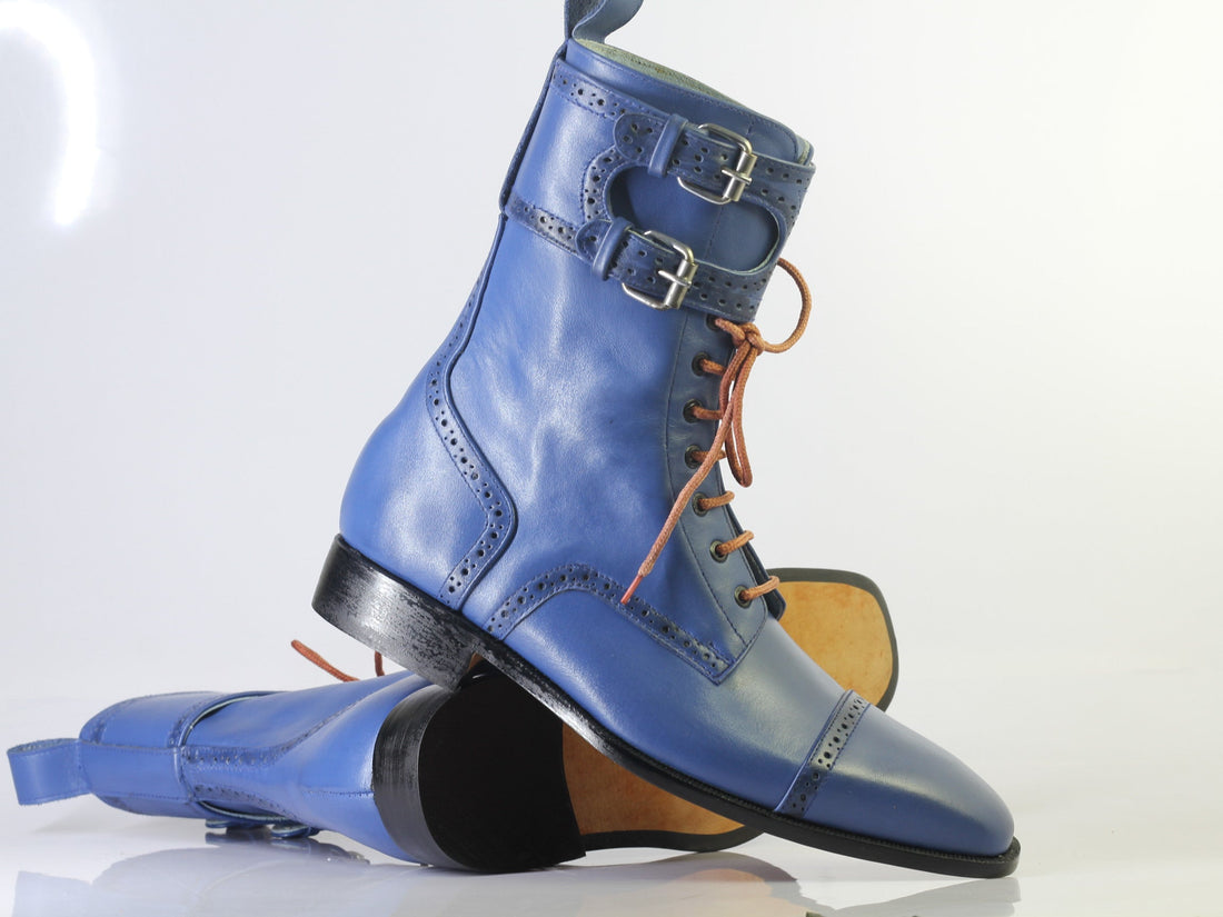 New Stylish Handmade Men's Blue Cap Toe Leather Double Monk Strap &amp; Lace Up Ankle Boots, Men Designer Boots