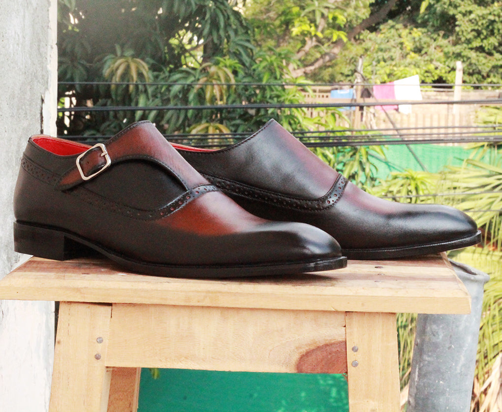 Men’s Handmade Formal Black Brown Wingtip Monk Strap Shoes, Men Two Tone Leather Shoes
