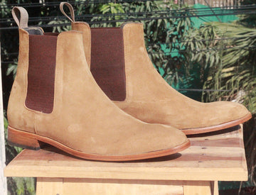 Mens Suede Chelsea Handmade Designer Boots, Mens Beige Fancy Ankle High Boots