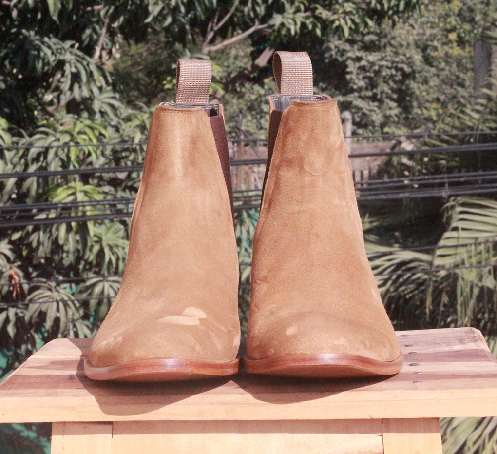 Mens Suede Chelsea Handmade Designer Boots, Mens Beige Fancy Ankle High Boots