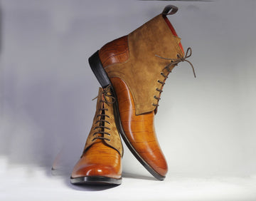 Mens Handmade Tan Brown Leather Suede Designer Boots, Men Ankle High Formal Stylish Boots