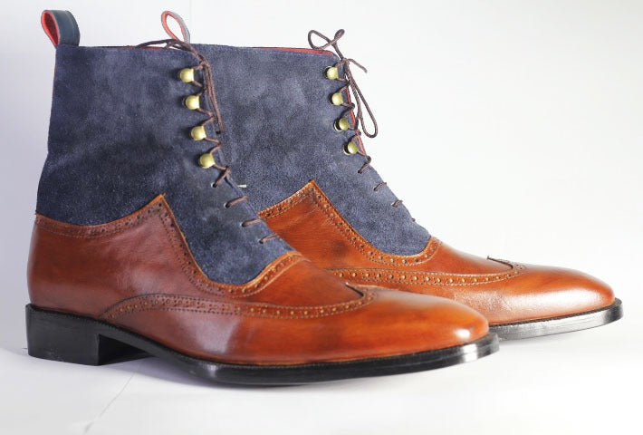 Mens Handmade Leather Suede Ankle High Boots, Men’s Wingtip Ankle High Boots