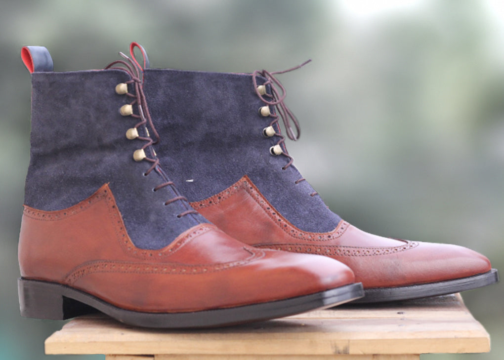 Mens Handmade Leather Suede Ankle High Boots, Men’s Wingtip Ankle High Boots
