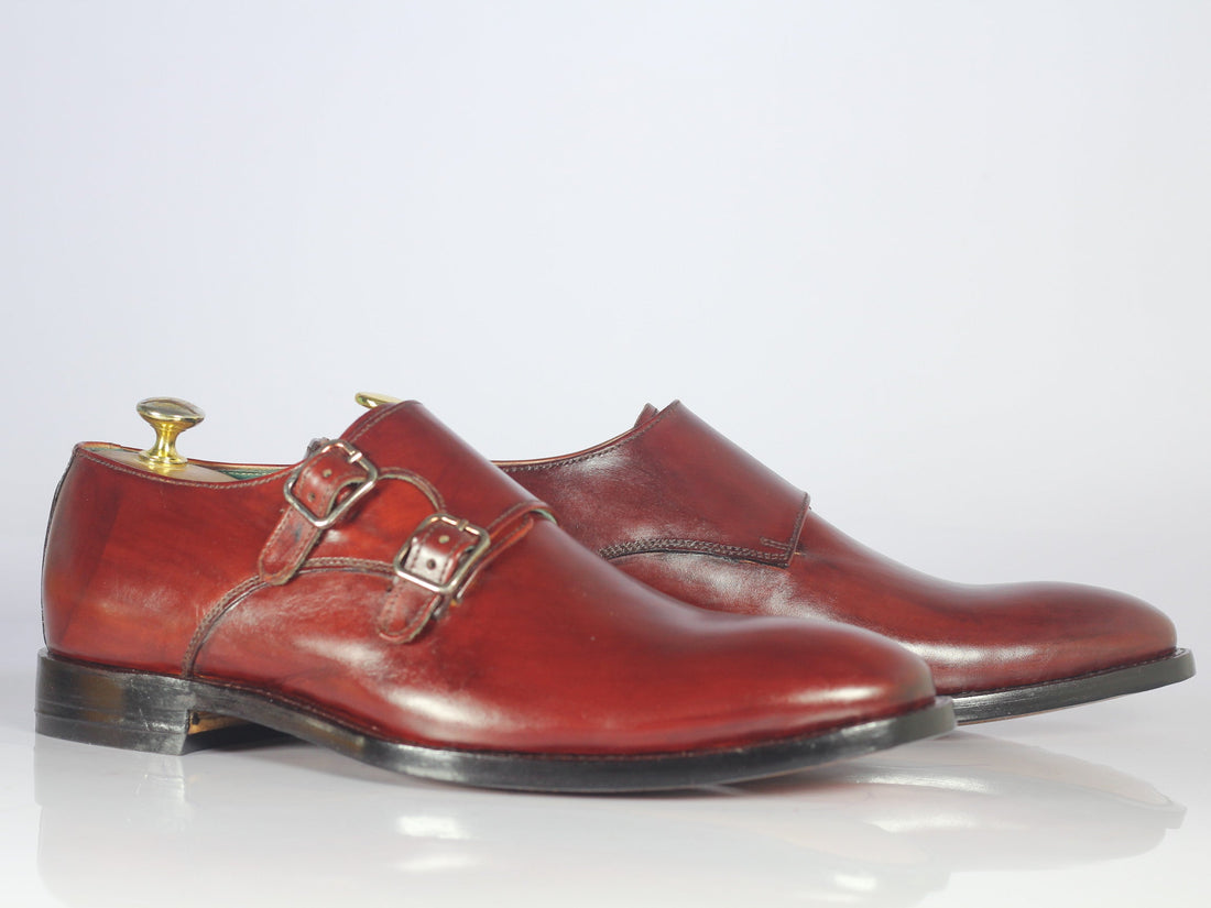 Handmade Men's Burgundy Double Monk Strap Leather Shoes, Men Designer Dress Formal Shoes