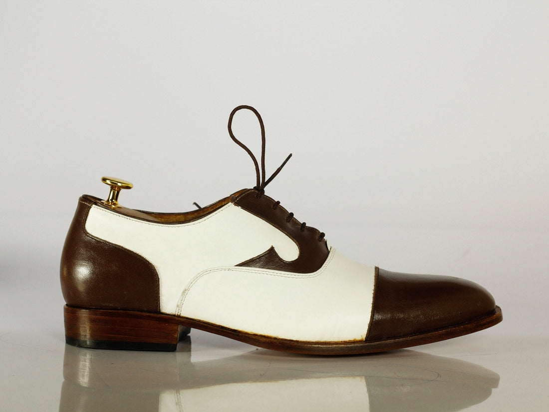 New Handmade Men's Brown White Cap Toe Leather Lace Up Shoes, Men Designer Dress Formal Shoes