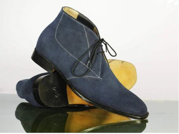 Mens Handmade Formal Blue Color Suede Chukka Boots, Men Half Ankle Designer Boots