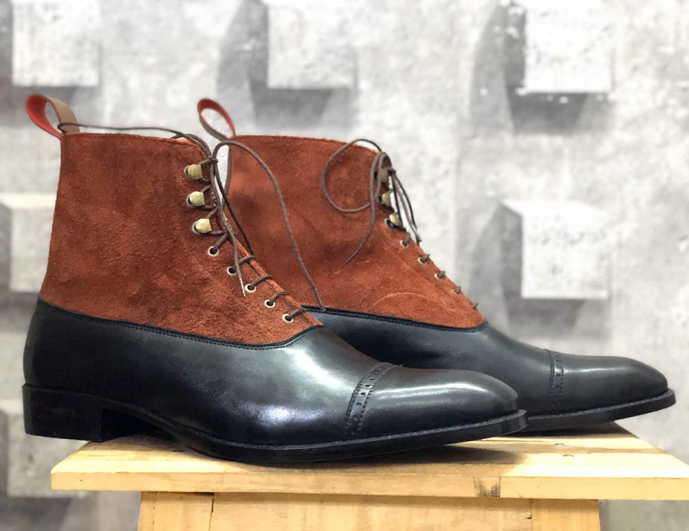 Men’s Handmade Black Brown Leather Suede Boots, Men Ankle High Cap Toe Boots