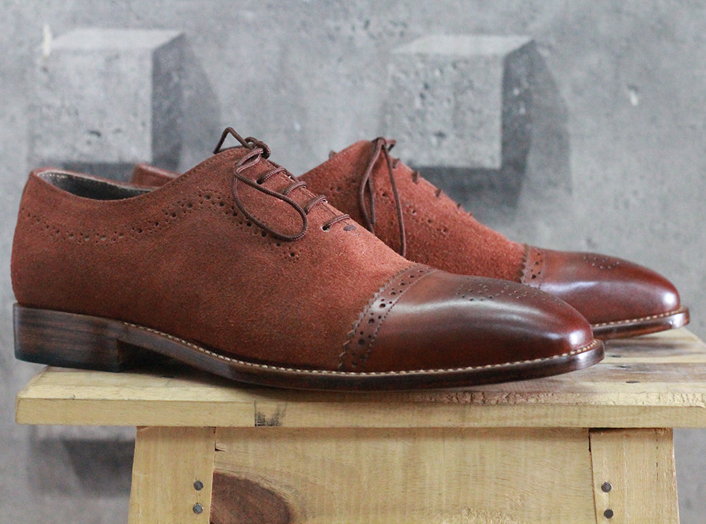 New Handmade Men's Brown Cap Toe Brogue Leather Suede Lace Up Shoes, Men Designer Dress Formal Luxury Shoes