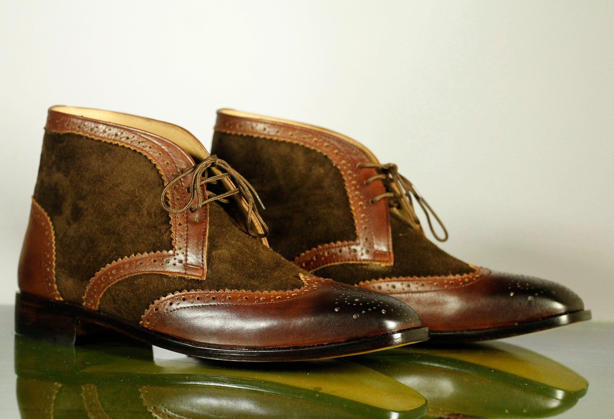 Mens Handmade Brown Designer Wingtip Brogue Leather Suede Chukka Boots, Men Fashion Half Ankle Boots