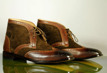Mens Handmade Brown Designer Wingtip Brogue Leather Suede Chukka Boots, Men Fashion Half Ankle Boots