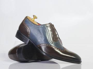 Mens Brown Blue Wingtip Brogue Leather Lace Up Formal Dressing Shoes