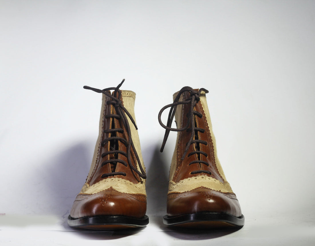 Mens Handmade Formal Brown Beige Wingtip Brogue Leather Suede Boots, Men’s Designer Ankle High Fashion Boots