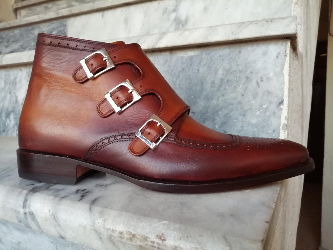 Men’s Handmade Brown Color Leather Brogue Toe Monk Strap Leather Boots