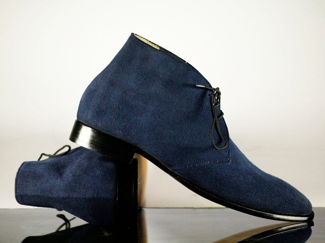 Mens Handmade Navy Blue Awesome Suede Chukka Boots, Men Half Ankle Designer Boots