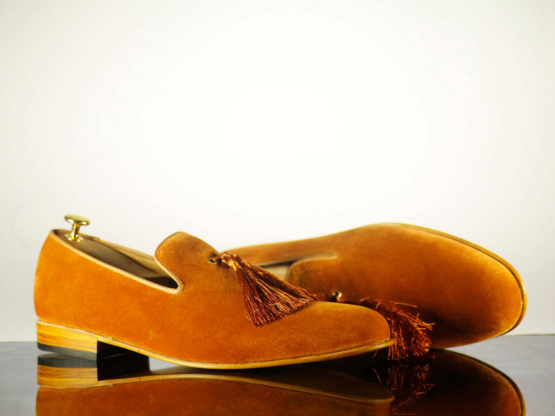 Men's Tan Velvet Tassel Loafer Shoes, Men Designer Dress Formal Luxury Shoes