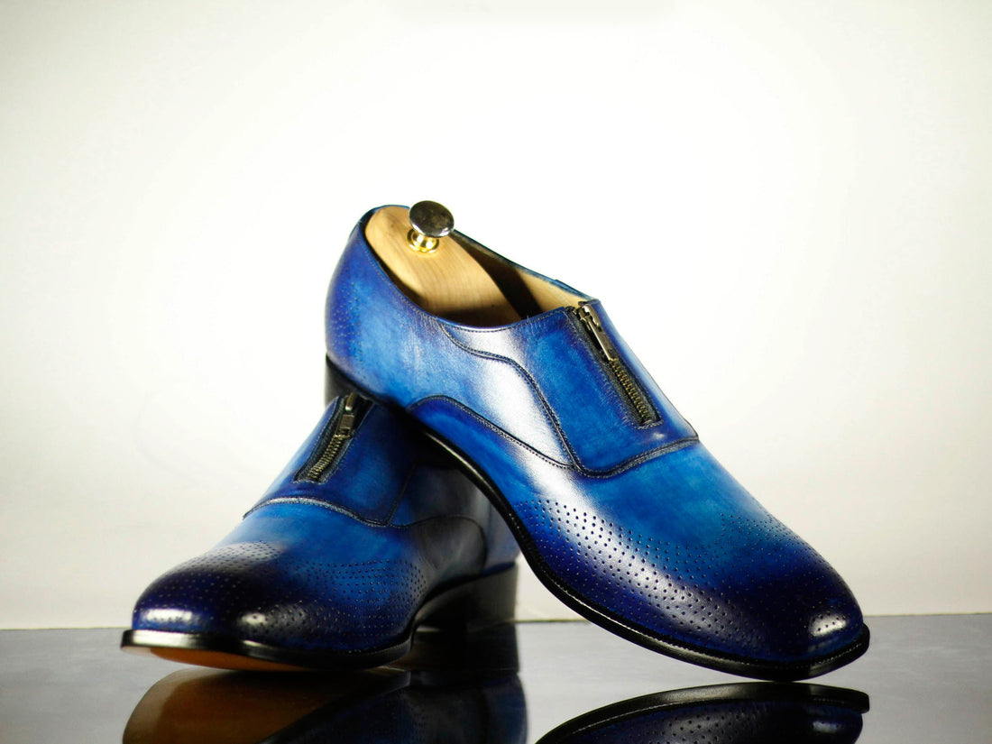 Two Tone Blue Wing Tip Brogue Leather Lace Up Shoes, Men Designer Dress Formal Luxury Shoes