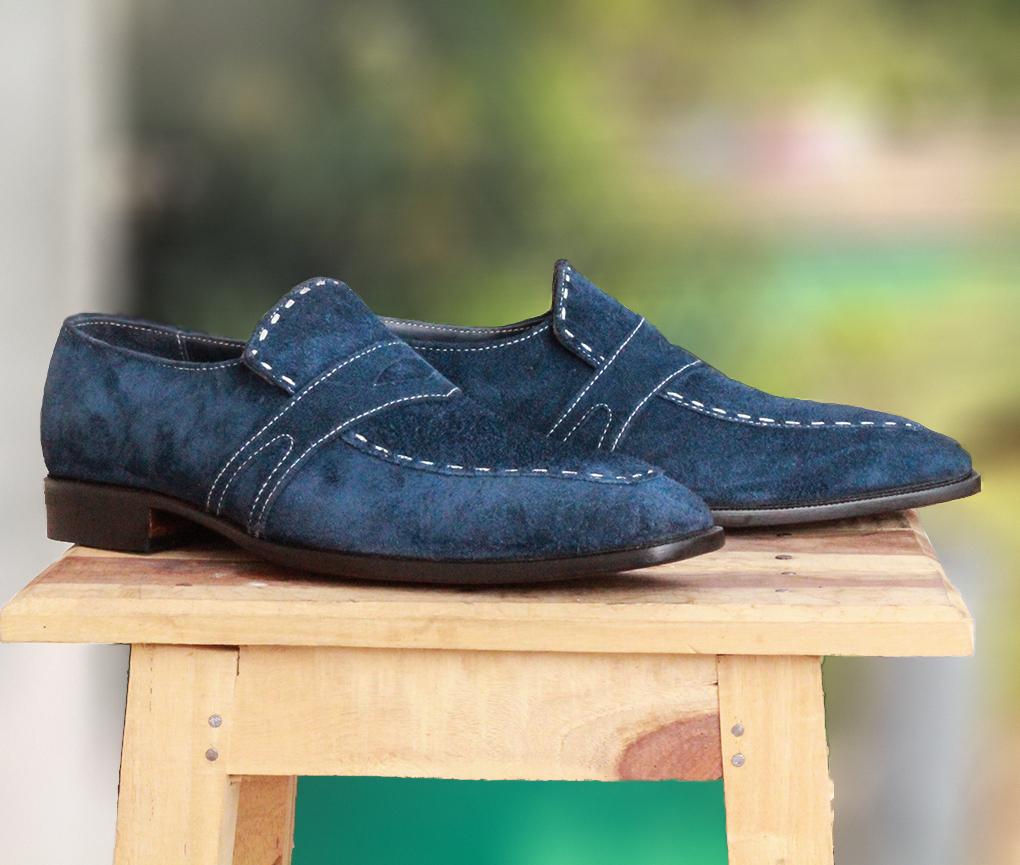 New Handmade Men's Navy Blue Suede Penny Loafers, Men Designer Dress Formal Luxury Party Shoes