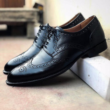Beautiful Handmade Mens Black Wingtip Brogue Leather Shoes, Men’s Formal Dress Black Shoes