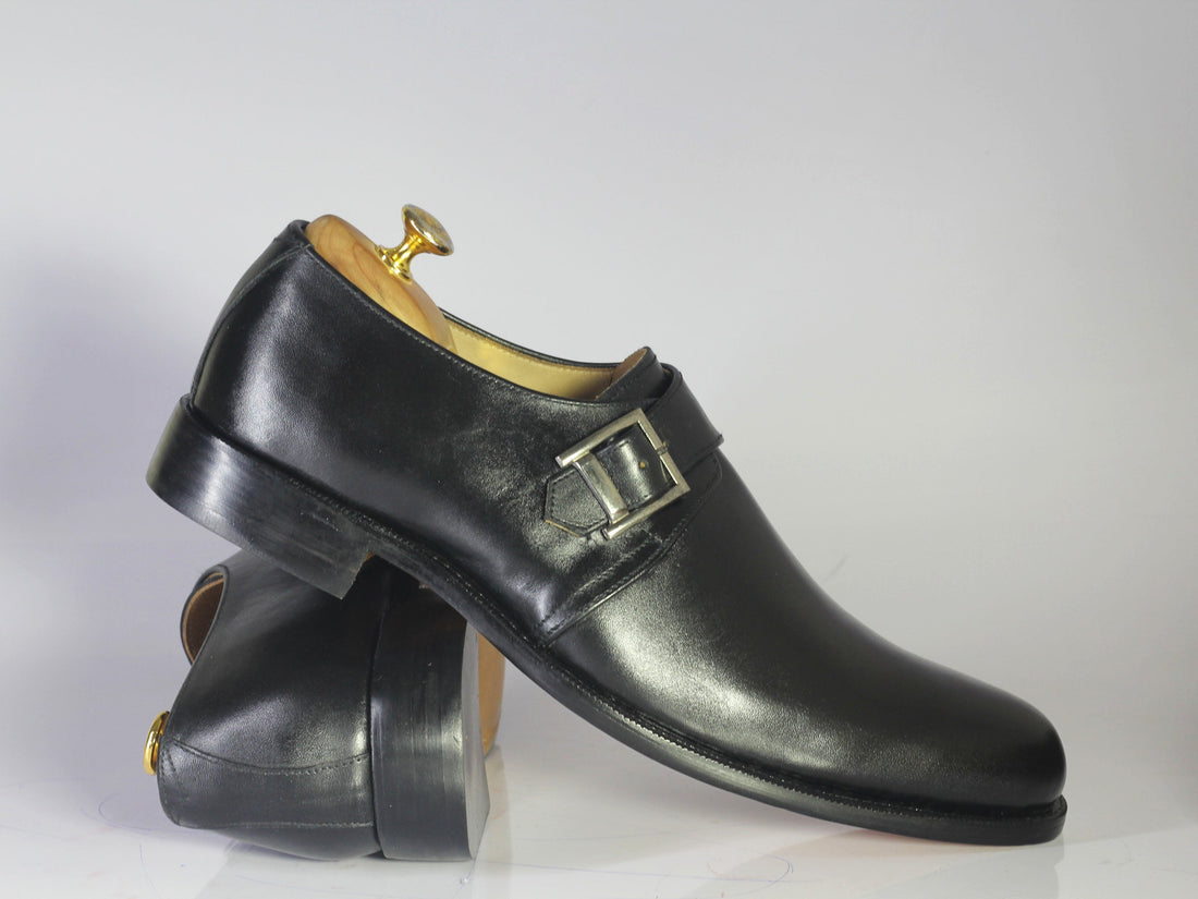 Handmade Men’s Black Color Leather Monk Strap Formal Dressing Shoes, Mens Designer Shoes