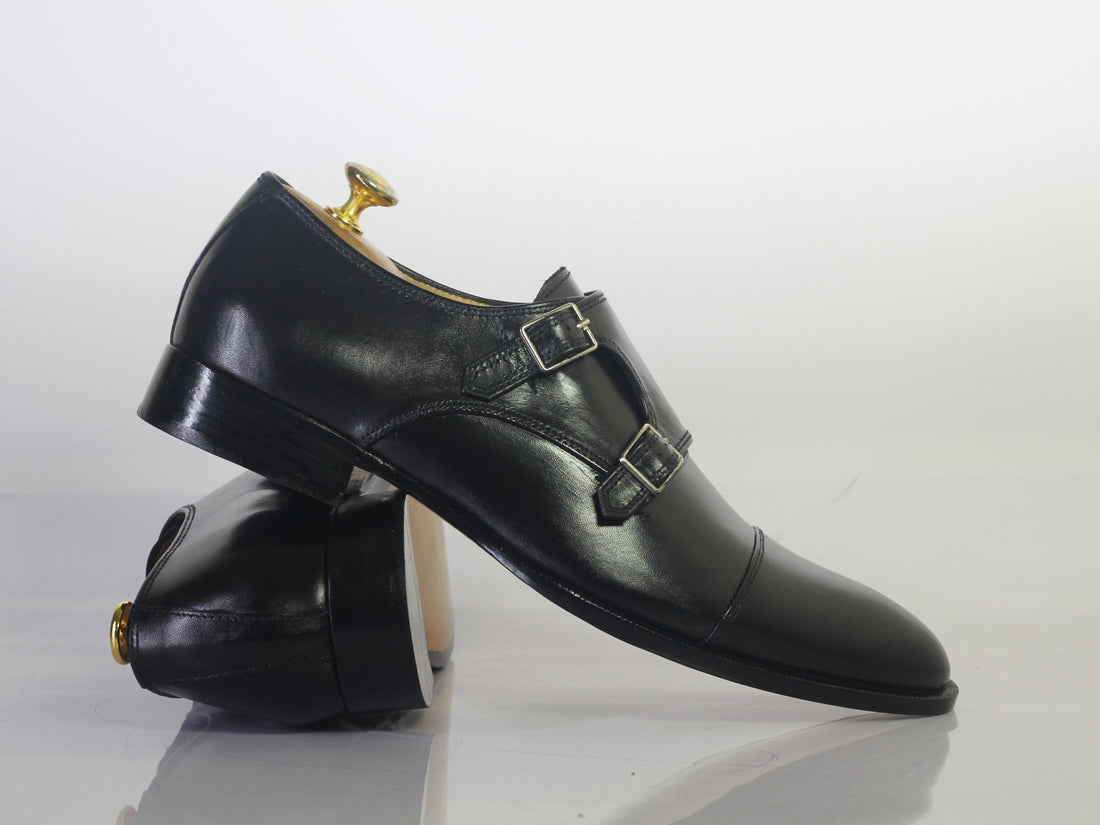 Mens Handmade Black Cap Toe Leather Designer Shoes, Men Monk Strap Leather Shoes
