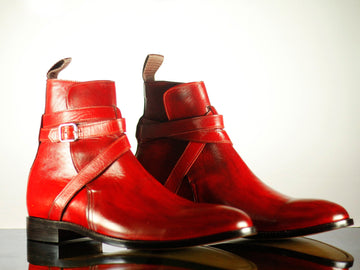 Mens Handmade Designer Leather Red Color Jodhpur Boots, Men Ankle High Formal Dressing Boots