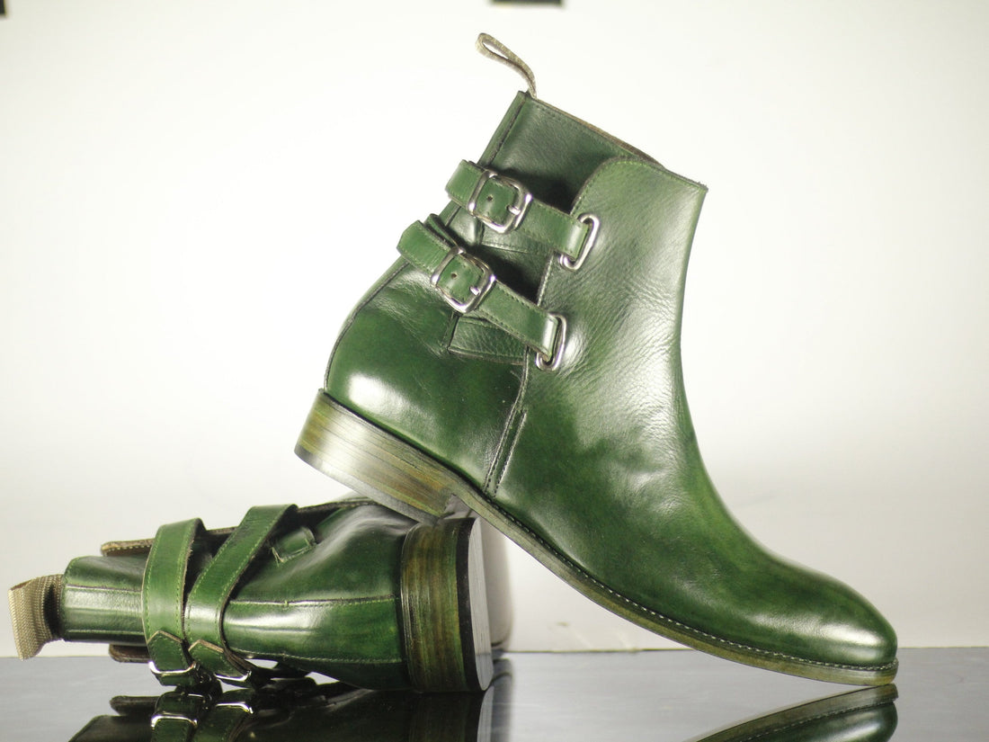 Handmade Mens Green Color Leather Jodhpurs Boot, Men Double Monk Strap Designer Boots