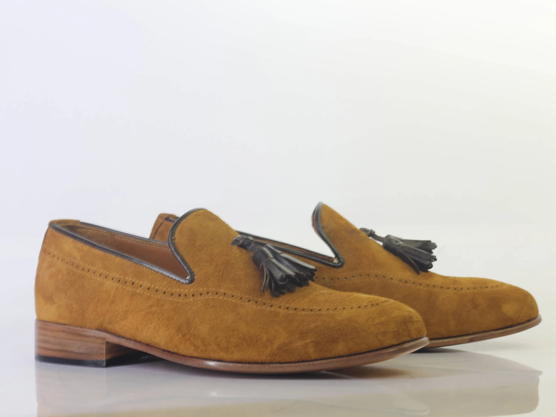 New Handmade Men's Tan Color Suede Tassel Loafers, Men Designer Dress Formal Luxury Shoes