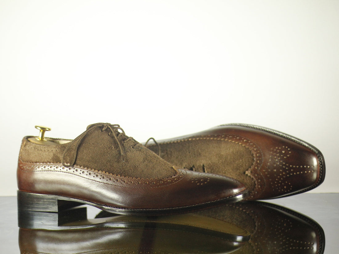 New Handmade Men's Brown Wing Tip Brogue Leather Suede Lace Up Shoes, Men Designer Dress Formal Luxury Shoes