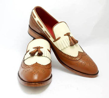 New Handmade Men's Brown White Leather Wing Tip Brogue Fringes Tassel Loafers, Men Designer Dress Shoes