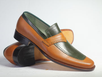 New Handmade Men's Green Tan Leather Penny Loafers, Men Designer Dress Luxury Shoes
