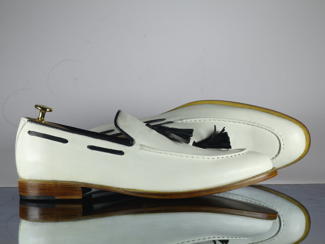 New Handmade Men's White Color Leather Tassel Loafers, Men Designer Dress Formal Luxury Shoes