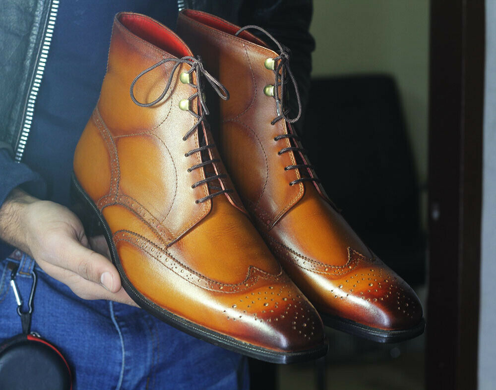 Mens Handmade Tan Color Stylish Wingtip Brogue Formal Designer Ankle High Boots